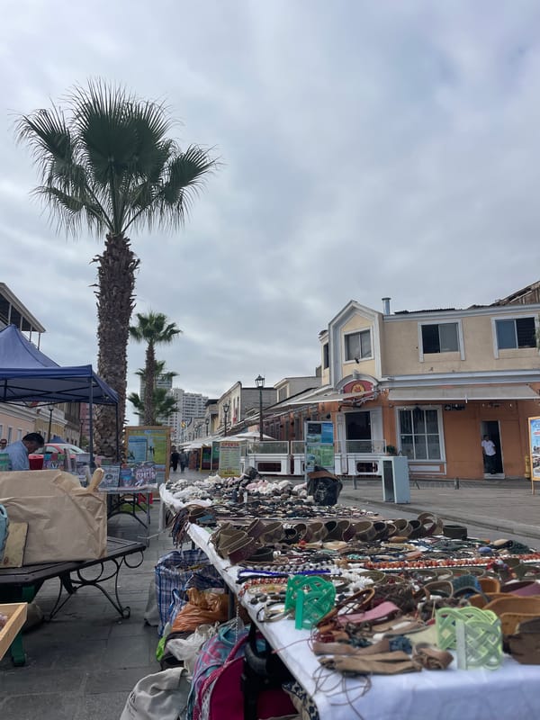 Street market operates under grey skies in Iquique, Chile