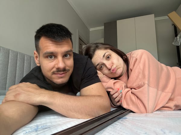 Couple takes upside-down selfie in Pernik, Bulgaria