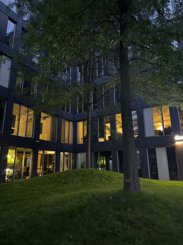 Evening hang outside a city office block, pizza in tow