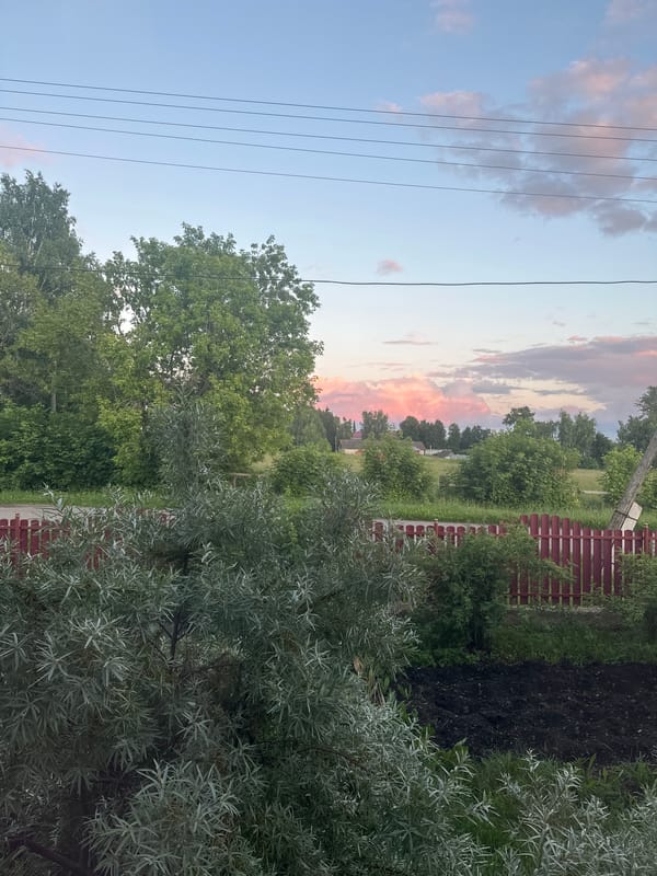 Rural Yaroslavka at sunset: power lines, gas pipes, and quiet backyards