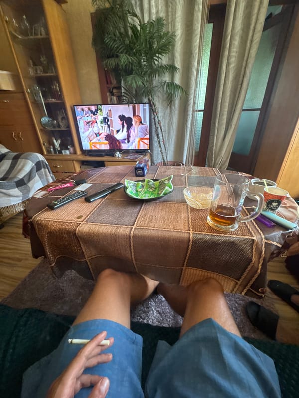 Sofia apartment hangout mixed with global travel imagery browsing