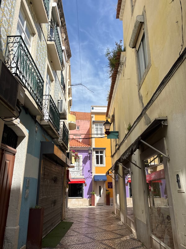 Colorful narrow street photographed in Setúbal, Portugal