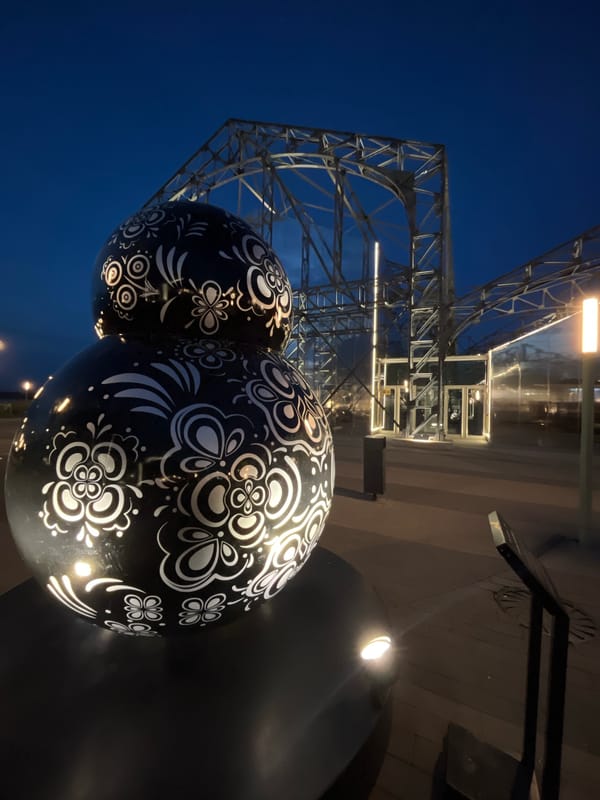 Night out near illuminated public art and architecture in Nizhny Novgorod