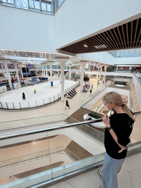 Afternoon at a Nizhny Novgorod mall with ice rink and butterflies
