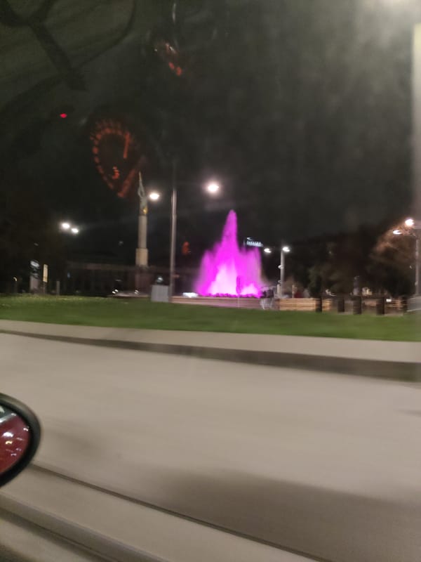 Pink-lit fountain captured at night from vehicle in Vienna