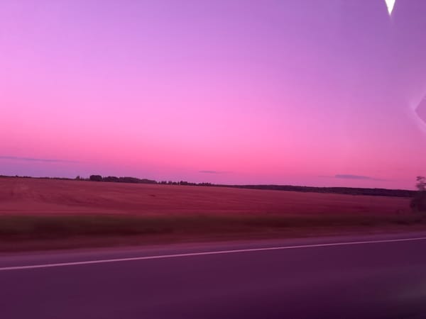 Traveler documents rural Russian sunset during evening drive