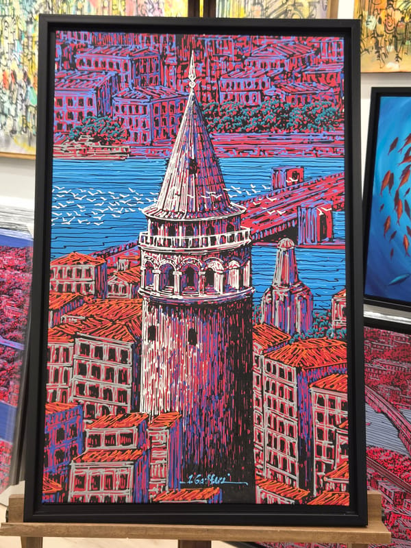 Colorful framed paintings on display in Maltepe, Istanbul