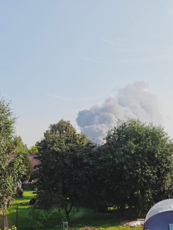 Heavy smoke rises behind treeline in Podolsk, Russia