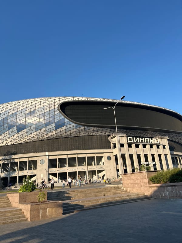 VTB Arena's geometric roof under clear Moscow skies