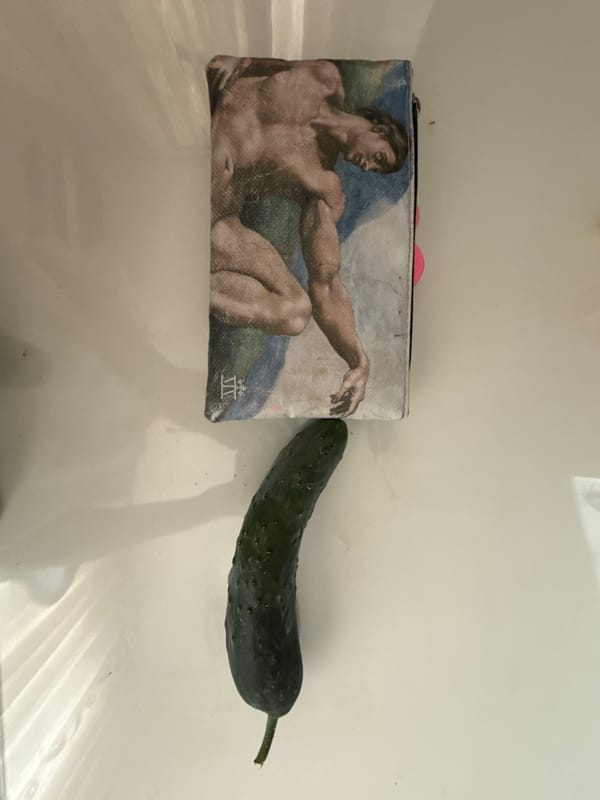 Kragujevac resident documents cluttered desk featuring cucumber and art supplies