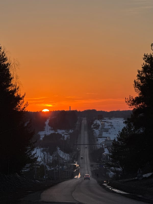 Sunset captured along Russian roads in Прикамский and Ol'khovka