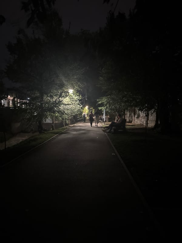 Almaty riverside boardwalk and pedestrian bridge at night