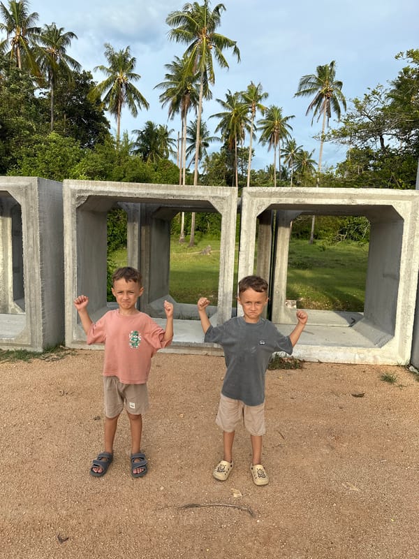 Concrete culverts, grazing buffalo, and rural calm in Baan Mae Nam