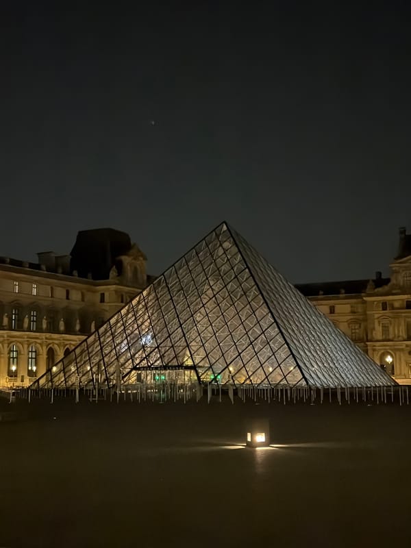 Louvre Pyramid illuminated at night in Paris