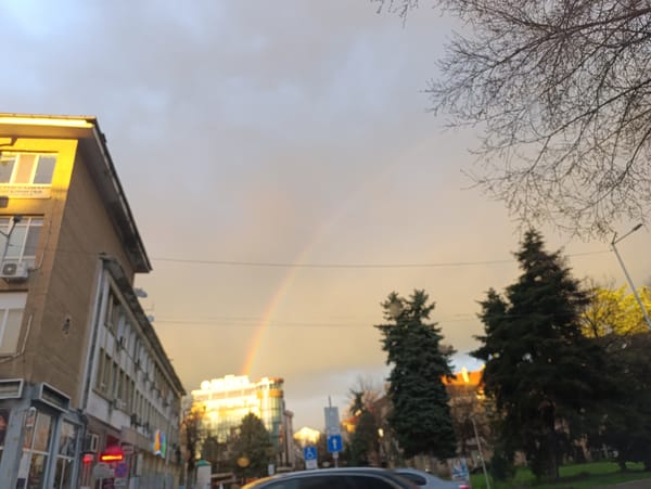Rainbow appears over Haskovo streets and forest paths