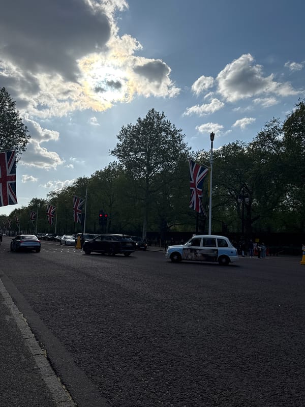Spring sunshine illuminates flag-decorated Mall in central London