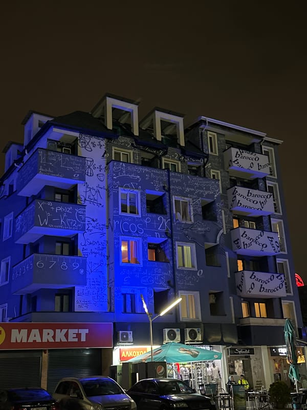 Evening scenes captured around Sofia including decorated building and bar