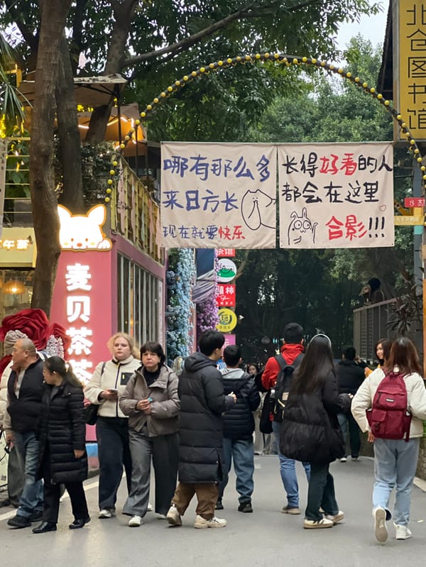 Daily life unfolds across Liangjiang commercial districts under overcast skies