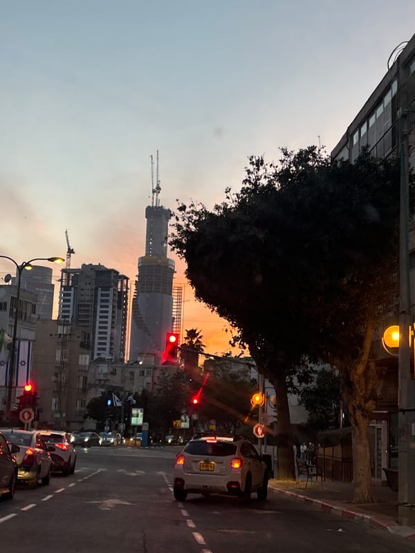 Construction cranes dominate Givatayim skyline at dusk