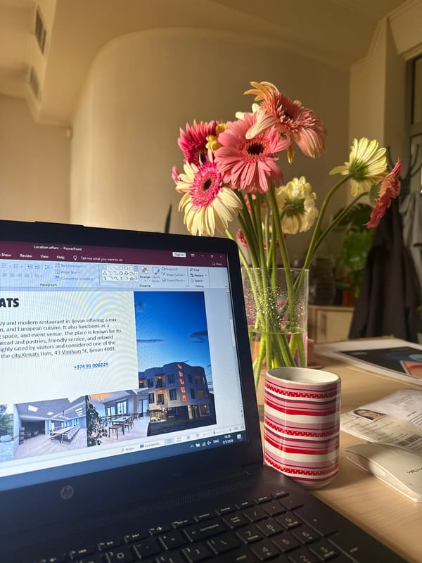 Yerevan workspace and flower bouquet moments captured minutes apart