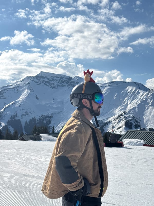 Skier spotted with novelty chicken helmet decoration at Avoriaz resort