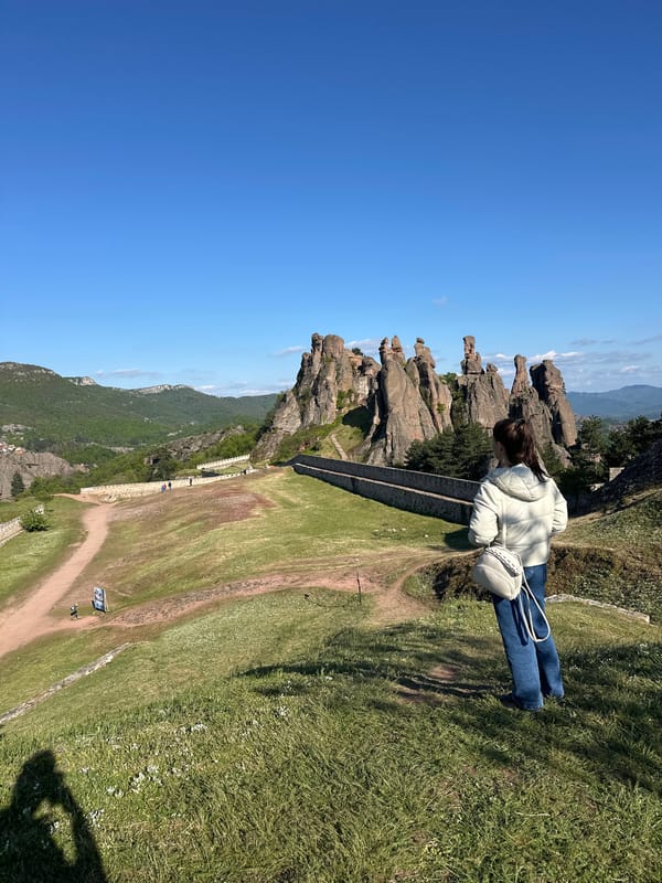 Tourist visits Belogradchik Rocks formation in Bulgaria