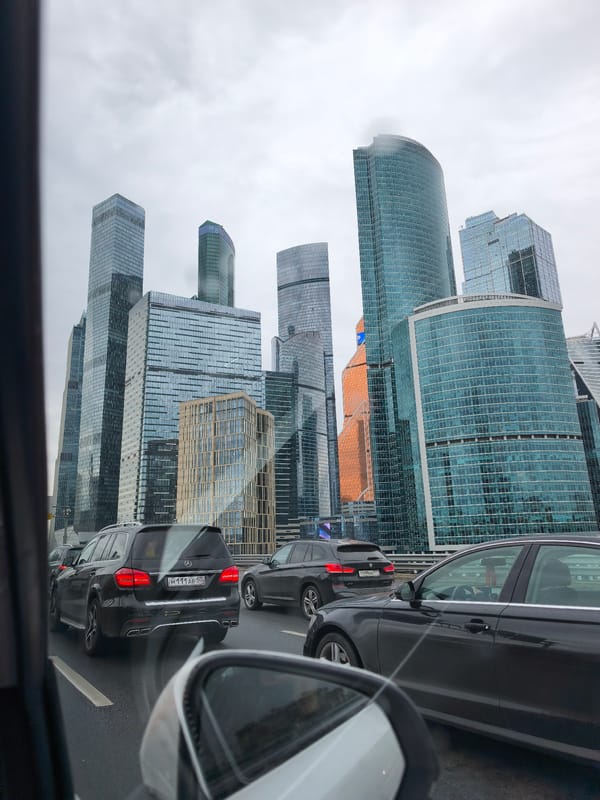 Moscow commuter documents city skyline views during afternoon travel