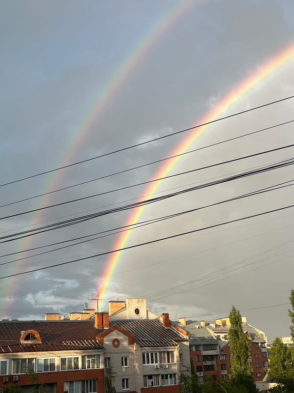 Double rainbow over Zhukovsky rooftops after summer rain
