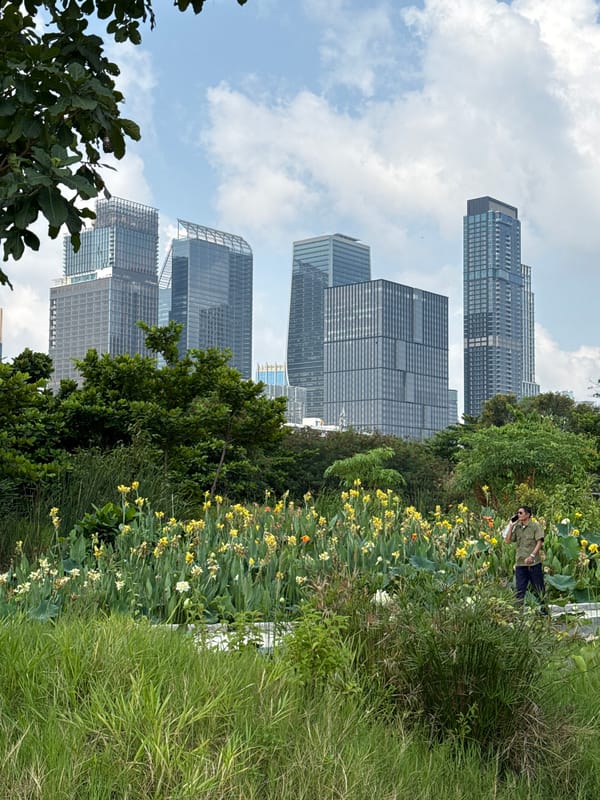 Stainless steel crane sculpture spotted in Bangkok park setting