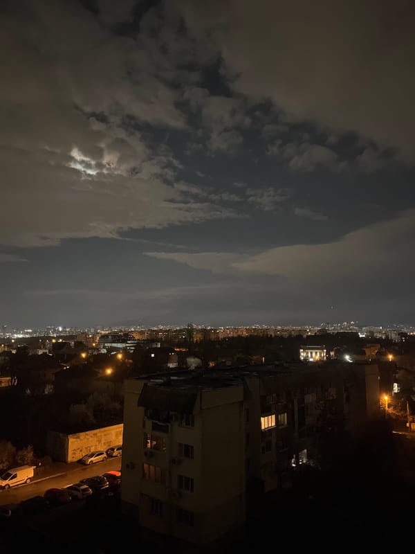 Spring blossoms bloom on Sofia rooftop under cloudy night sky