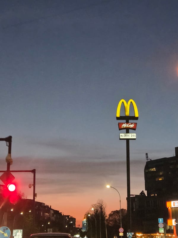 McDonald's sign photographed at dusk in Varna, Bulgaria