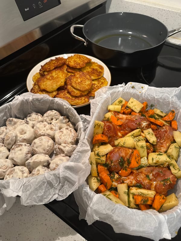 Full home-cooked spread in progress, Bronx kitchen