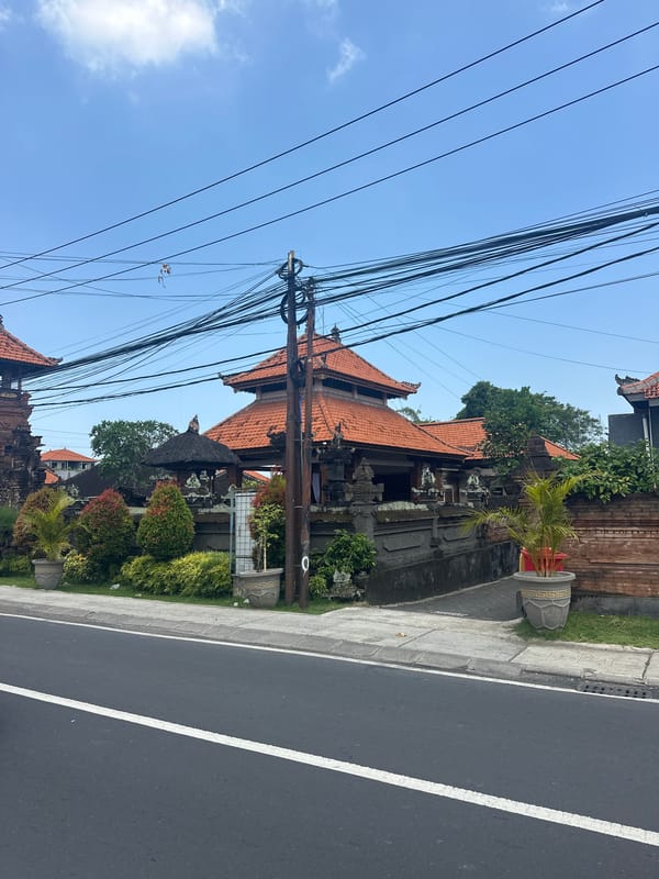 Dalung street scenes feature dog, traditional architecture, roadway