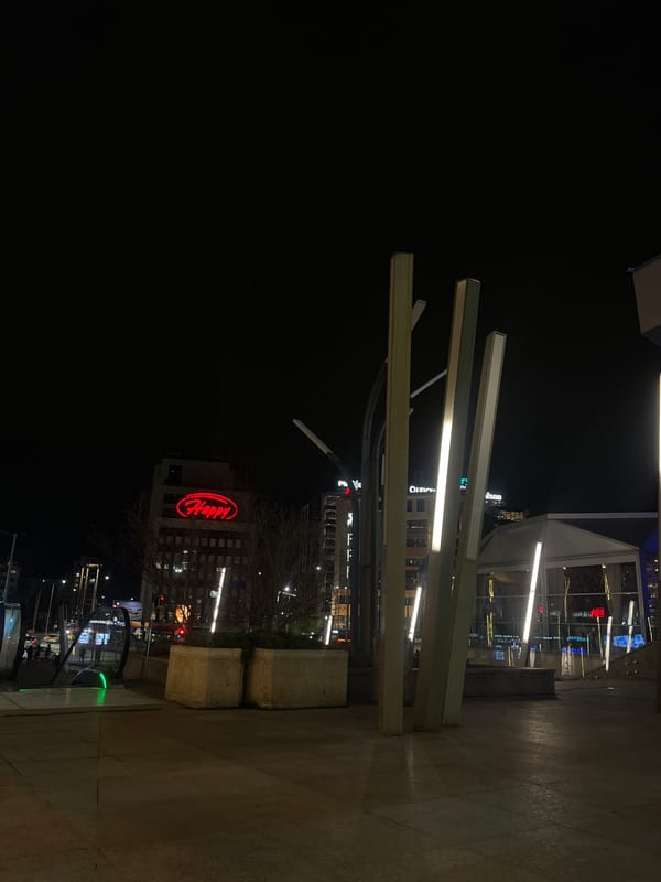 Evening streetscape captured near Happy restaurant in Sofia
