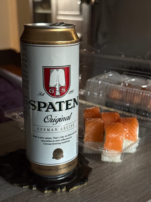 Beer and sushi moment shared with guilty pleasures hashtag