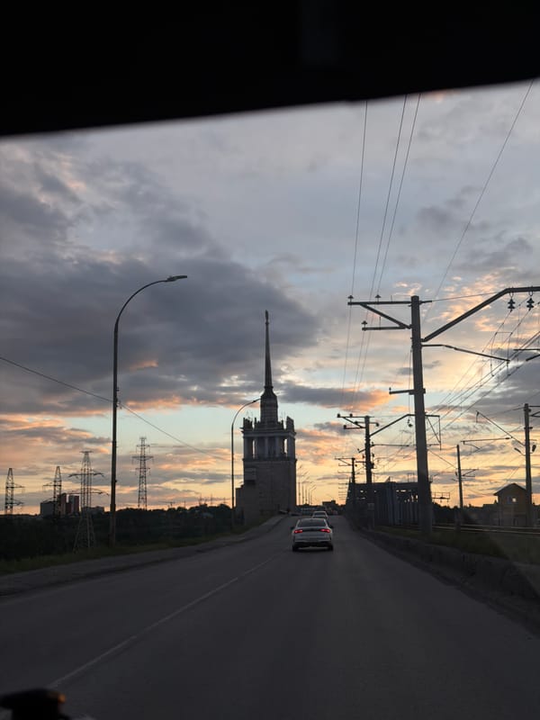 Twilight journey captured across bridge in Perm, Russia