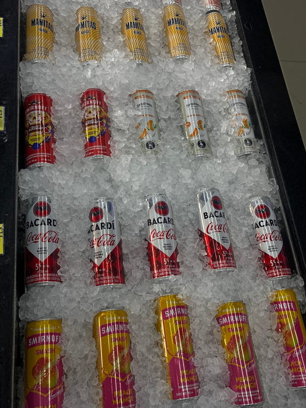 Alcoholic beverages displayed on ice in San Buenaventura store