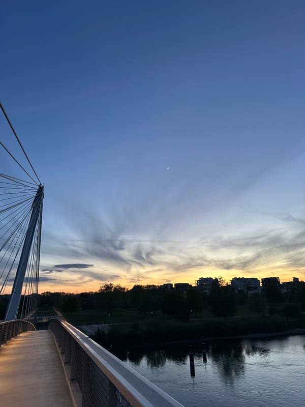 Dusk settles over Strasbourg's Citadelle bridge with crescent moon