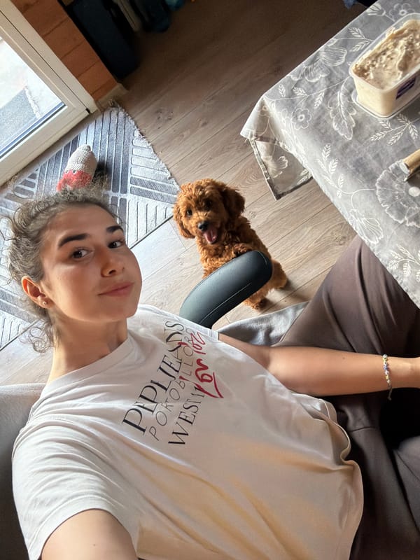 Hanging out on the floor with a fluffy poodle in Sofia