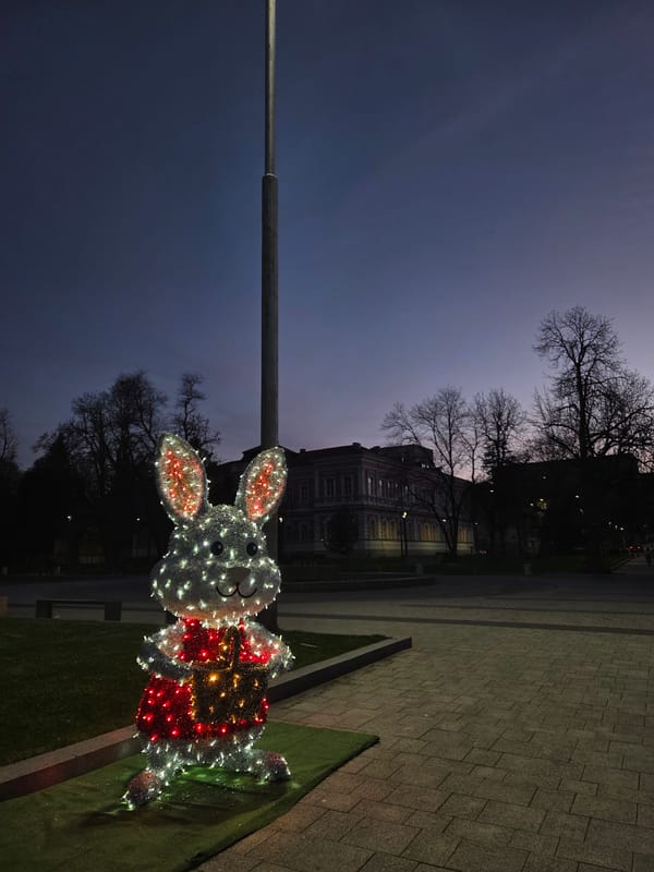 Lighted Easter bunny decoration spotted on Pleven sidewalk