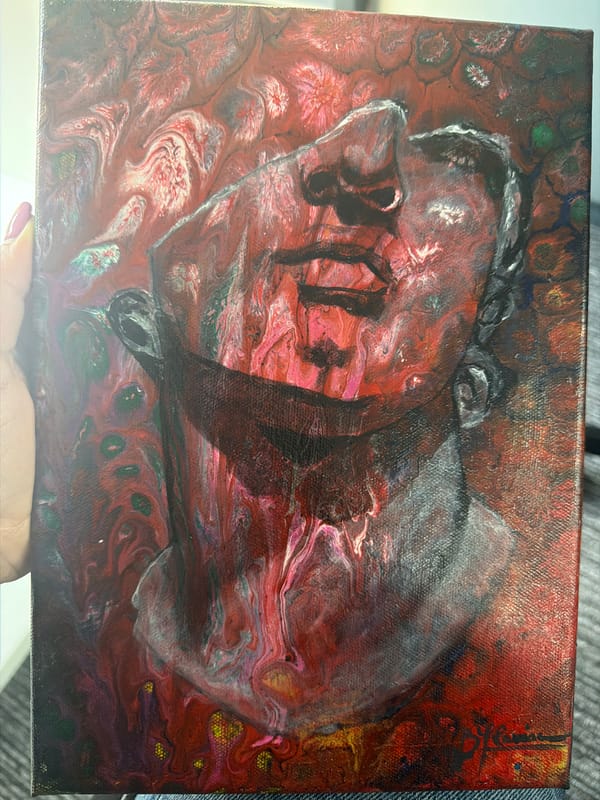 Portrait painting in red, white, black observed in London