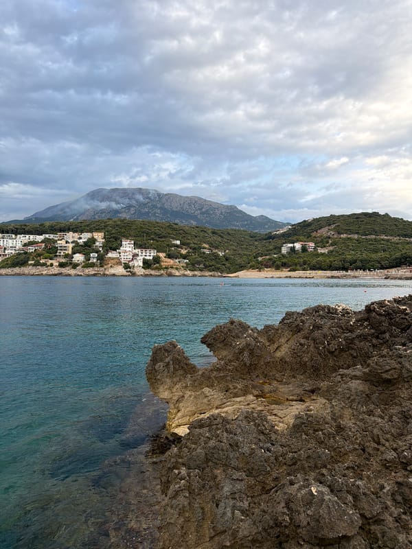 Rocky Adriatic coastline at Kunje, Montenegro, under overcast skies