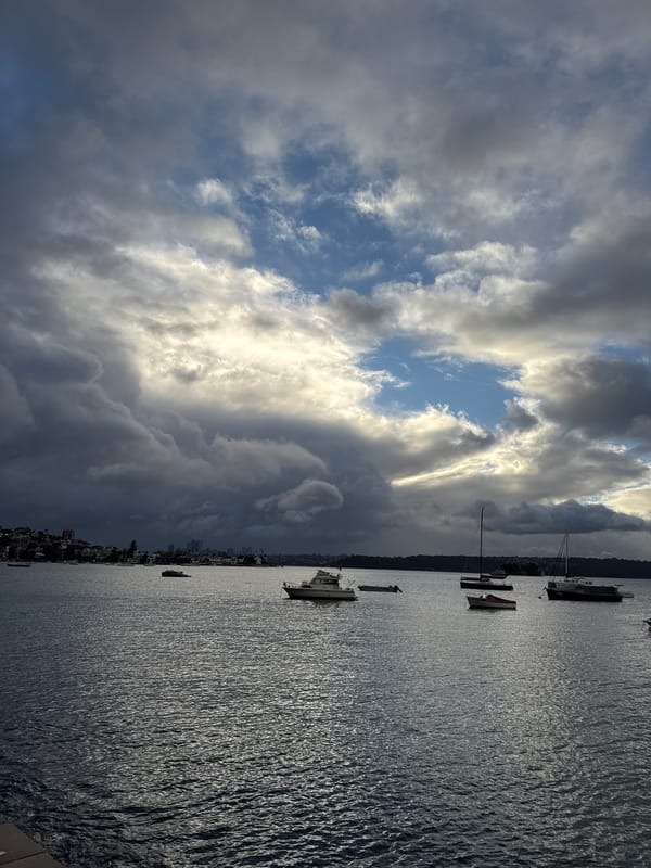 Sydney Harbour under heavy skies, seaplane docked at the pier