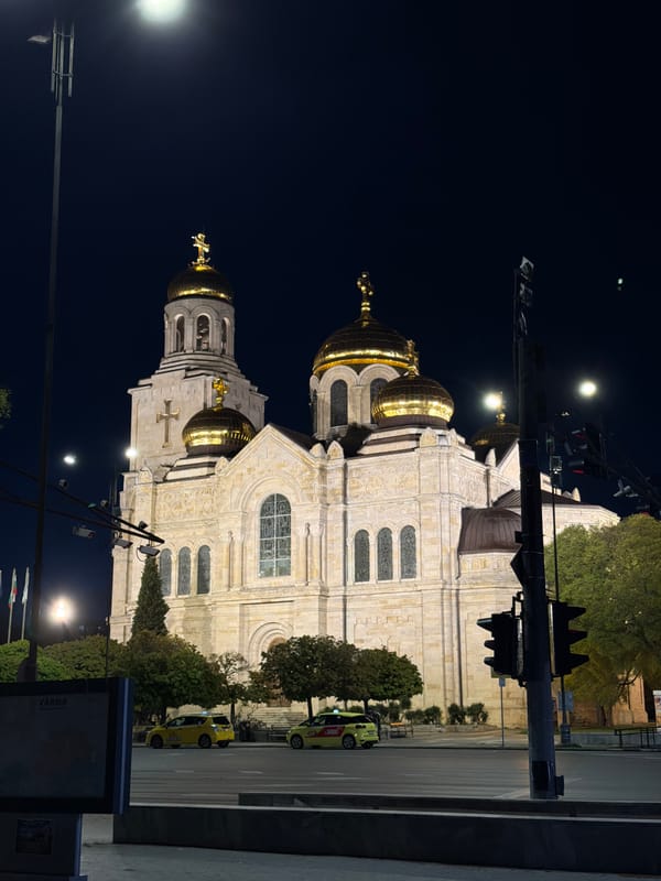 Varna nighttime scenes include illuminated cathedral, police activity