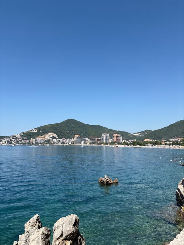 Sunny morning along Budva's palm-lined streets and Adriatic shore