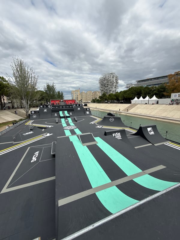 Skateboard park with FISE branding spotted along Montpellier's Lez River