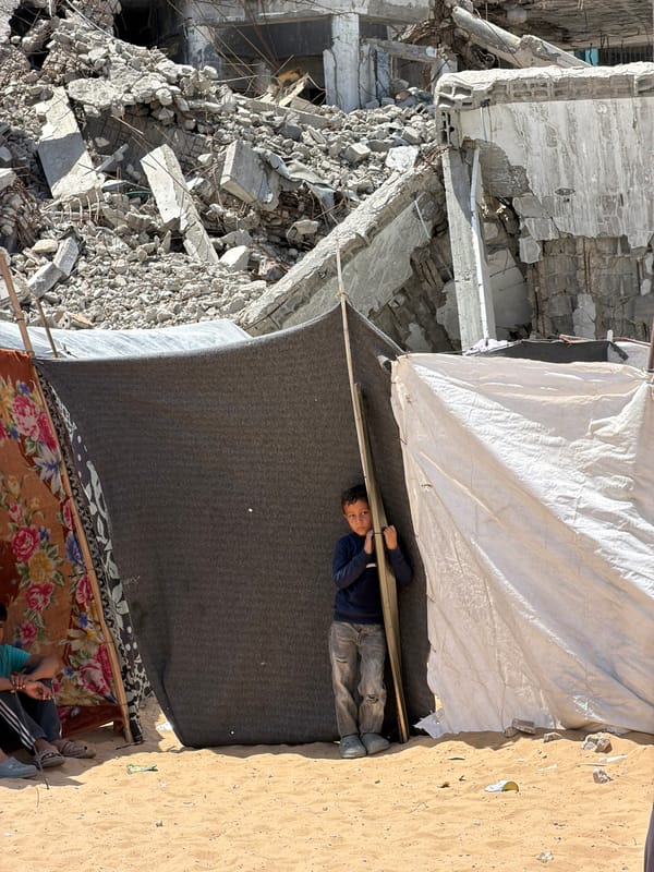 Gaza displacement: temporary shelters amid building destruction documented