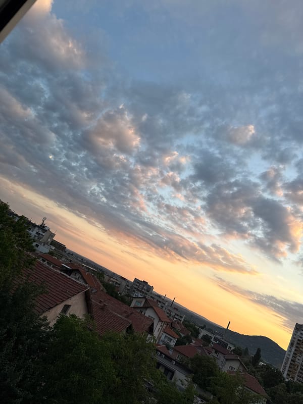 Sunset over Vratsa rooftops, shot from above