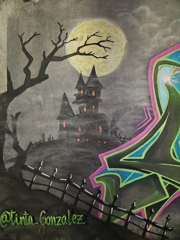 Halloween street art documented on wet Temuco streets