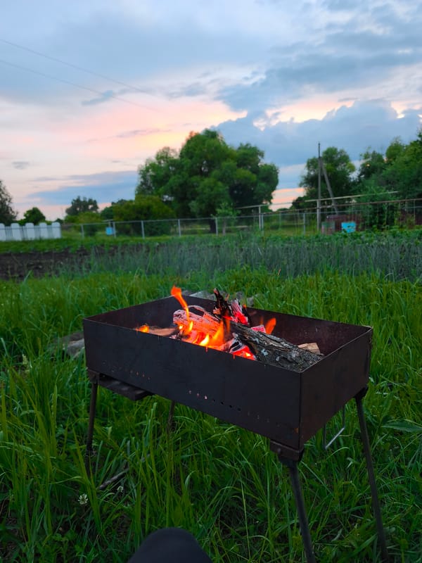 Backyard fire evening at a Russian dacha in Yaganovka